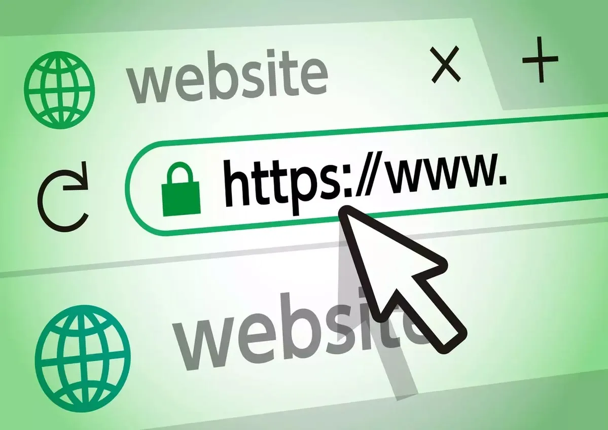 Illustration of a web browser address bar showing a padlock and an https web address, above tabs labelled website.