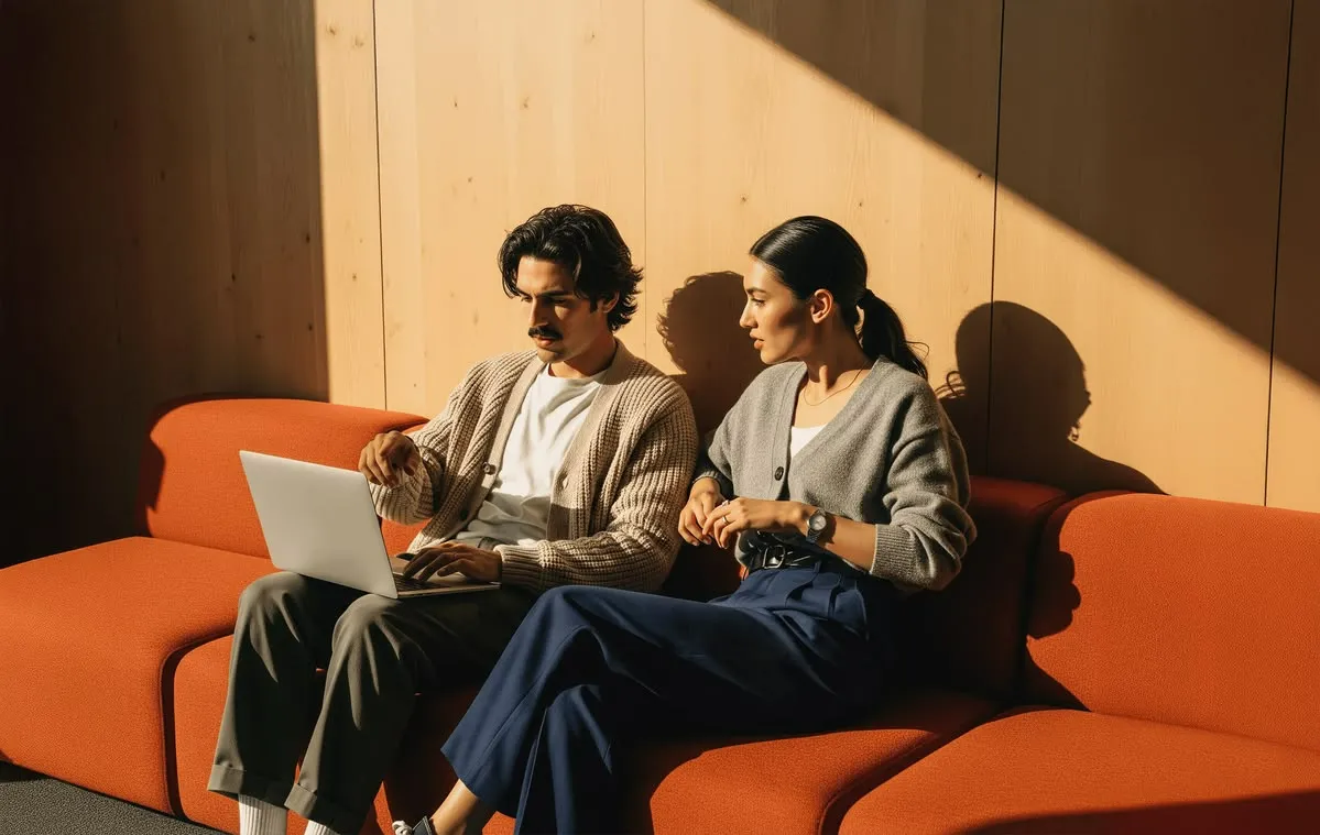 Two people relaxing on an orange sofa in a sunlit room, browsing the web on a laptop.